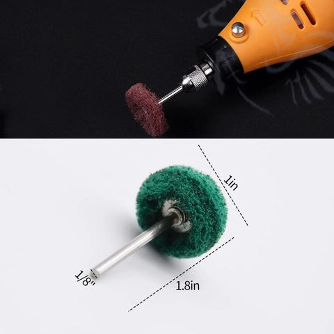 Abrasive buffing wheel set for rotary tools by Amazon; 1 in. dia, 1/8 in. shank, green wheel with multiple grits.