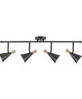 Dope Lofty Industrial Four Light Track Lighting Fixture With Pivoting Heads In Matte Black And Brass Accents, front view