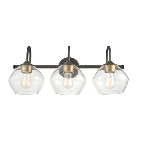 Lofty Chic Three Light Vanity Light In Dark Bronze With Clear Glass Shades And Antique Brass Accents For Dope Modern Bathrooms Over Mirror Makeup Vanity Lighting Bedroom Bath Decor