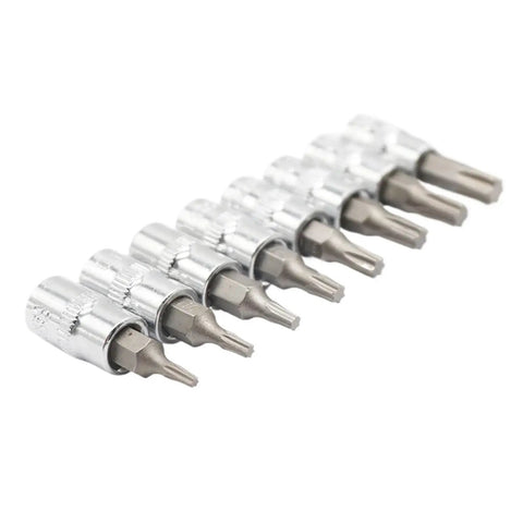 Ultimate 8-Piece 1/4 Inch Hex Torx Screwdriver Bit Set Featuring Heavy Duty T8 Through T40 Bits With Rugged Design For Maximum Grip And High Torque Power To Crush Rusty Bolts And Tighten Screws Like A Boss Without Bending Or Breaking. 1/4 inch hex shank chrome vanadium bits