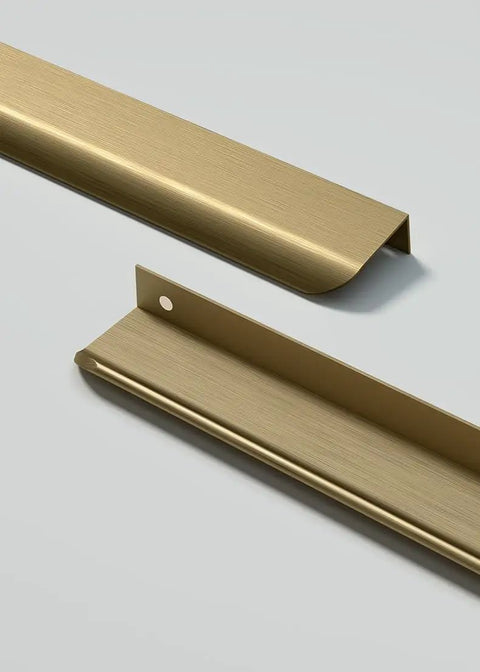 Close-up of 4 Pack Gold Bronze Edge Drawer Pulls For Cabinets And Wardrobes, Slick Hidden Mount Finger Handles, aluminum hardware