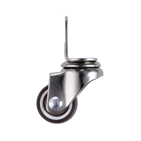 Side view of Four Pack 1 Inch Side Mounting Casters With TPE Swivel Plated Wheels L Shaped Mute Wheel for baby beds and furniture use.