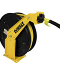 Double Arm Air Hose Reel With Three Eighths Inch By Fifty Feet Premium Rubber Hose Retractable Steel Construction Heavy Duty Build For Pro Grade Jobsite Air Tool Setup, side view, yellow frame and black hose.