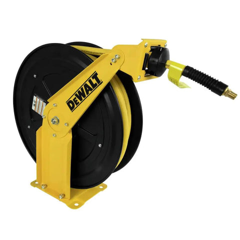 Double Arm Air Hose Reel With Three Eighths Inch By Fifty Feet Premium Rubber Hose Retractable Steel Construction Heavy Duty Build For Pro Grade Jobsite Air Tool Setup, side view, yellow frame and black hose.