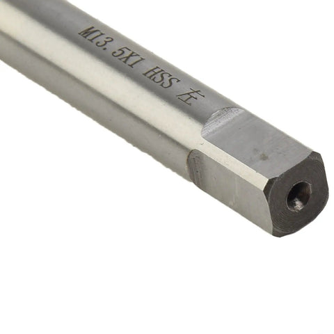 Close-up of Left Hand Thread Tap Pro Grade M13.5 X 1.0mm HSS High Speed Steel with silver finish showing engraved markings.
