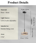 Resin Pendant Light, Gold 3 Color LED Hanging Fixture for Living Room with brass and resin material details and adjustable height.