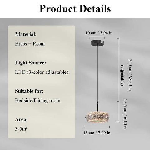 Resin Pendant Light, Gold 3 Color LED Hanging Fixture for Living Room with brass and resin material details and adjustable height.