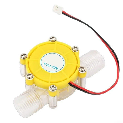 Portable 12V Hydroelectric Generator Water Turbine With Built In Voltage Stabilization for camping, yellow and clear design.