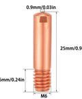 Close-up of copper contact tip with measurements for MB15 15AK MIG MAG Gas Shielded Welding Torch Accessories Kit 12 Piece 0.035 Inch Nozzle Diffuser.