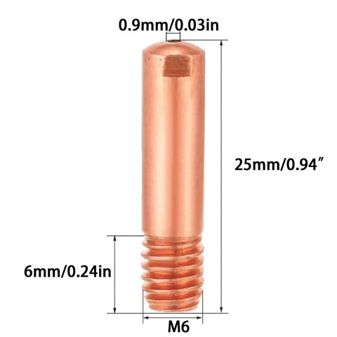 Close-up of copper contact tip with measurements for MB15 15AK MIG MAG Gas Shielded Welding Torch Accessories Kit 12 Piece 0.035 Inch Nozzle Diffuser.