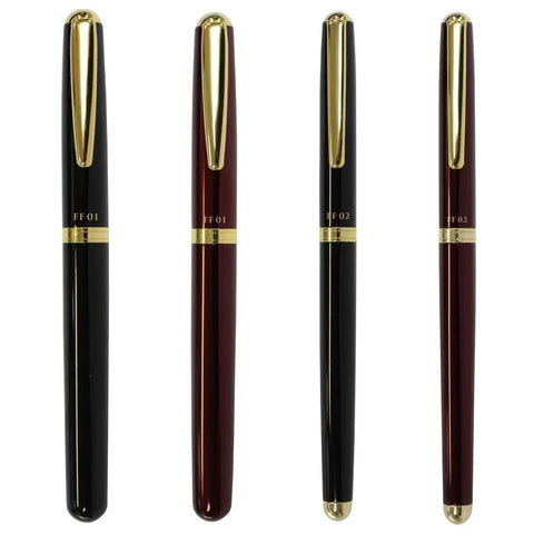 Sleek Premium Fountain Pen With Wine Finish Aluminum Barrel And Gold Plated Brass Accents Schmidt Iridium Gilded Nib Includes FCR6 Black Ink Cartridge Model FF02 GWI For A Dope Writing Experience, shown in four variations with two finish options.