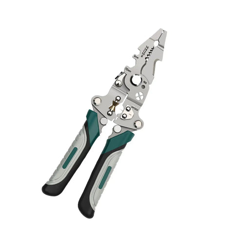 Tough As Nails Foldable Wire Strippers And Cutter Crimper Tool For Electrical Cable Work with ergonomic handles.