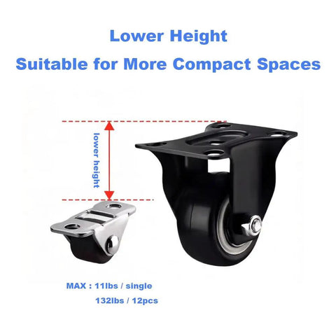 Mini Fixed Caster Wheels Set 12 Pack 0.5 Inch Low Profile Rubber Casters With Steel Top Plate Non Swivel for Furniture