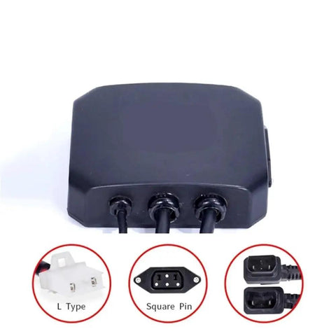 Dual Electrical Parallel Device For Ts Tc Max E Bikes Scooters And Motorcycles Lets You Run Two Batteries In Parallel For Extended Power Life Easy Install L Type Square Mount Twin Battery Connector For Longer Ride Time, featuring connector ports and close-up details.