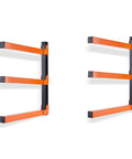 Wall Mounted Lumber Storage Rack Two Piece Set For Garage And Warehouse, Heavy Duty Metal Wood Organizer, orange and black rack