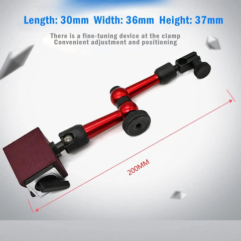 Red metal adjustable magnetic base holder for digital dial indicator; 200mm length, angled front view.
