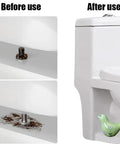 Before and after image showing Heckin Cute Green Bird Toilet Bolt Covers Pair Decorative Ceramic Screw Caps on a toilet.