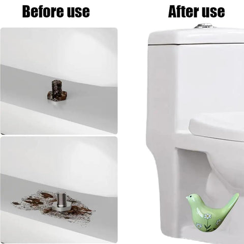 Before and after image showing Heckin Cute Green Bird Toilet Bolt Covers Pair Decorative Ceramic Screw Caps on a toilet.