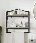 Industrial Over Toilet Bathroom Shelves With Towel Rack 2 Tier Wall Shelf Set With Towel Bar Dope Bath Organizer Sturdy Black Bracket And Gray Shelves For Towels Decor Books And More showing wall-mounted setup with accessories and greenery