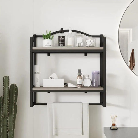 Industrial Over Toilet Bathroom Shelves With Towel Rack 2 Tier Wall Shelf Set With Towel Bar Dope Bath Organizer Sturdy Black Bracket And Gray Shelves For Towels Decor Books And More showing wall-mounted setup with accessories and greenery