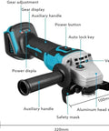 Rock Solid Electric Angle Grinder Tearing Through Metal And Wood With Knockout Torque And Adjustable Safety Guard For Smooth Cutting Grinding Polishing Plus Deep Grip Auxiliary Handle In Classic Blue Black, showcasing controls and features.