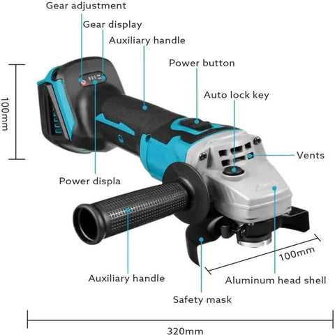 Rock Solid Electric Angle Grinder Tearing Through Metal And Wood With Knockout Torque And Adjustable Safety Guard For Smooth Cutting Grinding Polishing Plus Deep Grip Auxiliary Handle In Classic Blue Black, showcasing controls and features.