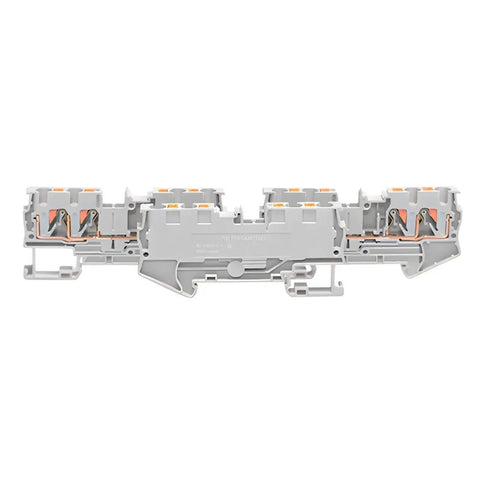 Side view of 10 Pack DIN Rail Terminal Block PT4 Quattro 4 Conductor Push In Spring Clamp 32A 800V PA66 V0 Industrial Electrical Connectors.