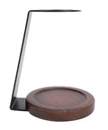 Kickstart Your Morning Routine With This Top Shelf Pour Over Coffee Dripper Stand, Smooth Operator Aluminum And Genuine Wood Filter Holder Rack, No Fuss Drip Brewing Station For Kitchen Counter, side angle view of black aluminum frame with wooden base