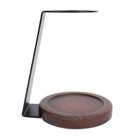 Kickstart Your Morning Routine With This Top Shelf Pour Over Coffee Dripper Stand, Smooth Operator Aluminum And Genuine Wood Filter Holder Rack, No Fuss Drip Brewing Station For Kitchen Counter, side angle view of black aluminum frame with wooden base