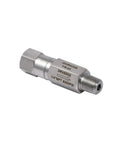 Side view of DAIRAZAN inline ball check valve, 316 stainless steel, 1/4 NPT MxF