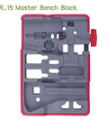 Non Slip Bench Block Kit With Universal Gun Block and Pro Pin Punch Set in chrome vanadium steel, top view.