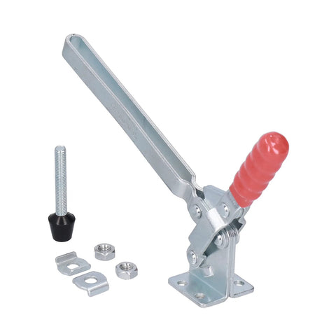 GH101 D15 180Kg Vertical Toggle Clamp for Woodworking and Welding Jigs with red handle and mounting hardware visible.