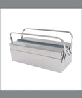 18 Inch Stainless Steel Portable Toolbox With Folding Cantilever Frame And Three Smooth Glide Trays, shown with handle raised.