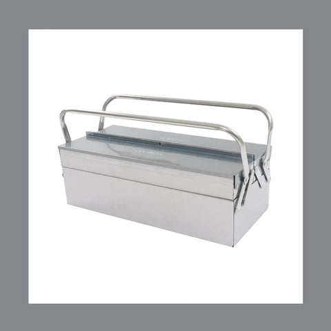 18 Inch Stainless Steel Portable Toolbox With Folding Cantilever Frame And Three Smooth Glide Trays, shown with handle raised.