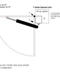 Technical diagram of solar gate opener kit for driveway swing gates up to 20 feet and 900 pounds with T-Series operator arm.