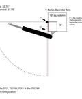 Illustration of T-Series Operator Arm specifications for Legit Heavy Duty Automatic Swing Gate Opener Kit With Smart Ready Motor And Dope Long Range Remote Control For Residential Driveway Up To Nine Hundred Pounds.