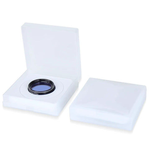 Moon And Sky Glow 1.25 Inch Telescope Filter For Clearer Moon And Planet Views in open white case with closed lid beside it