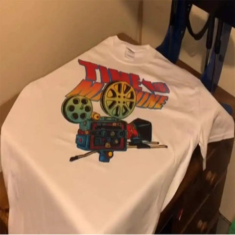 White t-shirt with colorful retro design, printed using Matte White PU Heat Transfer Vinyl Roll 24x50ft for all color tees.