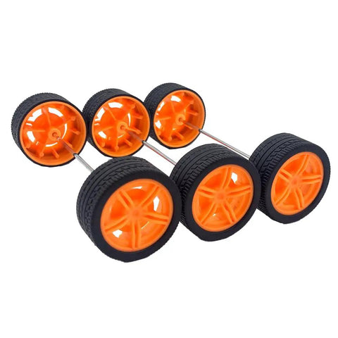 10 Piece Model Car Wheel Set With Rubber Tires And Five Round Shaft Axles For DIY RC Cars Trucks Robots And Helicopters In Bright Yellow.