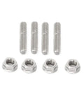 Product display of Bolt On Exhaust Studs And Chrome Flanged Nuts Kit For Harley Big Twin 1984-2015 And Sportster XL 1986-2015 Direct Fit Replacement Replaces OEM 16715-83 Kit Includes Four Zinc Plated Studs And Four Chrome Flanged Nuts Silver, showing four studs and nuts.