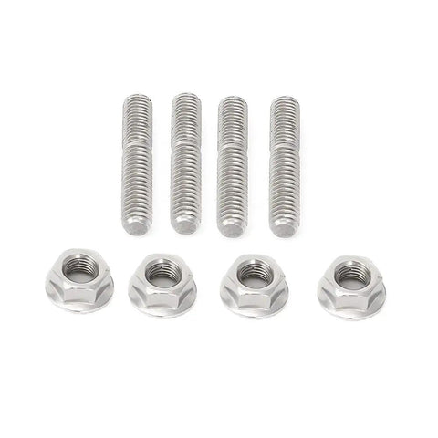Product display of Bolt On Exhaust Studs And Chrome Flanged Nuts Kit For Harley Big Twin 1984-2015 And Sportster XL 1986-2015 Direct Fit Replacement Replaces OEM 16715-83 Kit Includes Four Zinc Plated Studs And Four Chrome Flanged Nuts Silver, showing four studs and nuts.
