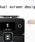 All Day Fully Automatic Coffee Machine With 19 Bar Pump And Built In Grinder Boasts sleek LCD panel displaying beverage options.