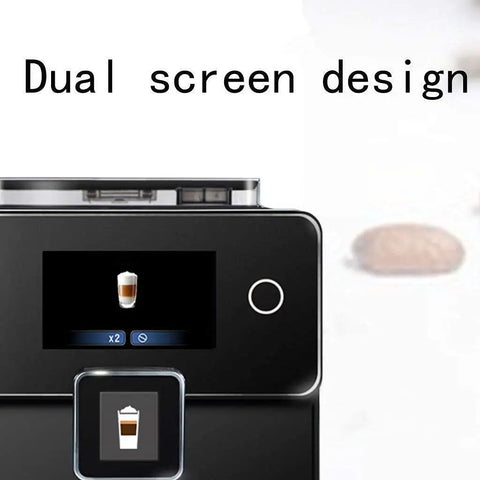 All Day Fully Automatic Coffee Machine With 19 Bar Pump And Built In Grinder Boasts sleek LCD panel displaying beverage options.