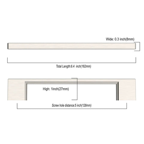 Dimensions diagram of 10 Pack 5 Inch 128mm Cabinet Handles, brushed satin nickel finish, zinc alloy, 6.3 inch overall length.