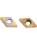 Two DCMT070204 tungsten carbide lathe inserts with through hole, gold-colored; front and back views