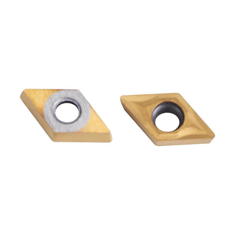 Two DCMT070204 tungsten carbide lathe inserts with through hole, gold-colored; front and back views