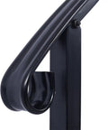 Detail of Top Shelf Three Step Outdoor Handrail, Black Metal Stair Railing Kit With Curved Wrought Iron Balusters.