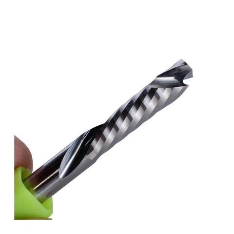 Close-up of Heavy Duty Single Flute Carbide CNC Router Bit Built Like A Tank for wood slotting and edge forming.