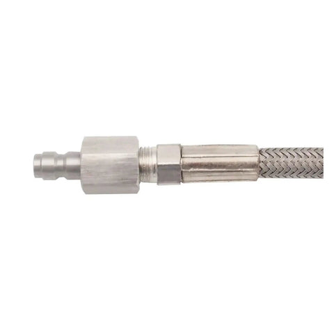 Beast Mode Stainless Steel Braided Air Hose For High Pressure Fuel Fill Up Job Badass Tight Fit Keeps Gas Safe Zero Leak Heavy Duty Construction Kills Abrasion Snap Connectors For True Pro Mechanics Building Cars Now stainless steel braided hose connector close-up