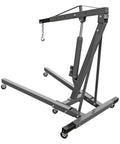 Heavy Duty Folding Shop Crane With Hydraulic Engine Hoist six wheel base and safety brakes, featuring a heavy steel frame and telescoping boom.